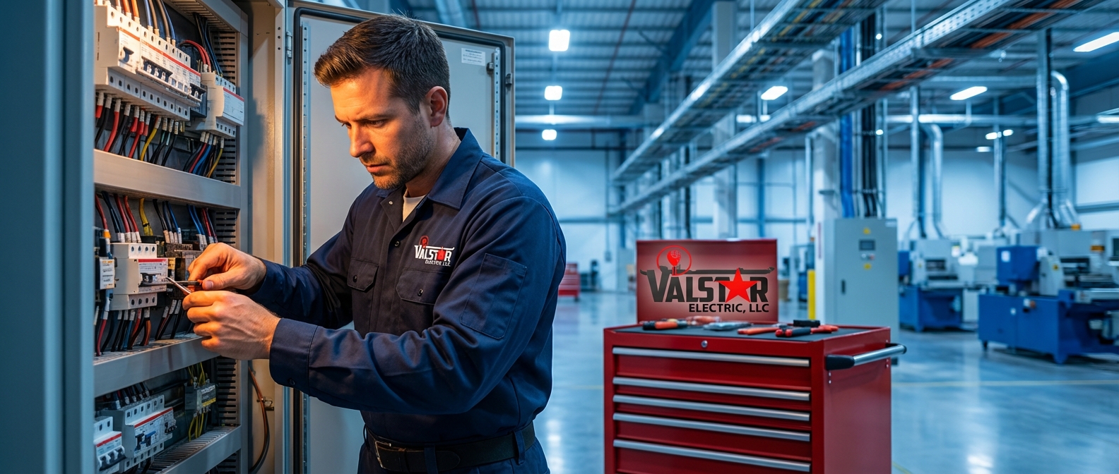 Professional electrician working on commercial electrical panel